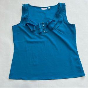 Large Blue with Gold button Sleeveless blouse with ruffles